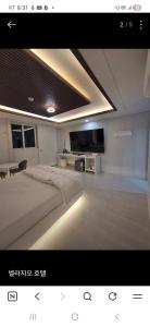 a living room with a bed and a television at 벨라지오호텔 in Sagog-yŏk