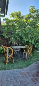 two chairs and a bench sitting in the grass at VersionMoreno apart hotel in General Villegas