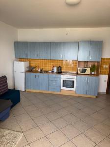 a kitchen with blue cabinets and a white refrigerator at Andreja in Kustići