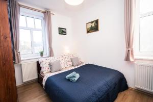 a bedroom with a bed with a blue blanket at Apartmán Černý Důl in Černý Dŭl