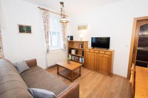 a living room with a couch and a tv at Apartmán Černý Důl in Černý Dŭl