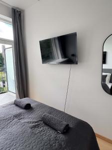 a bedroom with a bed with a flat screen tv on the wall at PENDING Queen Bedroom with Balcony in Shared Apartment in Copenhagen