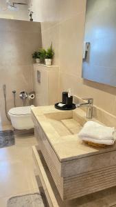 a bathroom with a sink and a tub and a toilet at فيلا بمزرعة in Al-ʿUla +26 photos