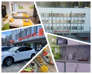 eine Collage aus vier Bildern eines Gebäudes in der Unterkunft DORM BG pet-friendly Aparthotel in Stara Sagora