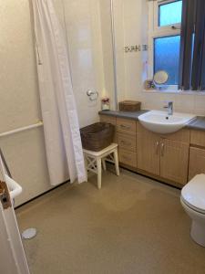a bathroom with a sink and a toilet and a shower at Gramhor House in Dumfries