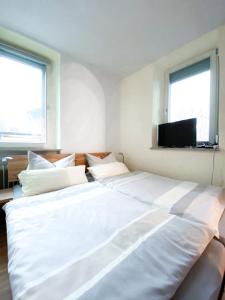 a large white bed in a room with two windows at Gästehaus am Main in Randersacker