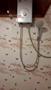 a shower in a bathroom with butterflies on the wall at Meesaeng Homestay in Thalang