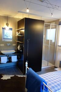 a bathroom with a shower and a sink at Chiemgau-ROOM, helles Souterrain, eigene Terrasse in Riedering