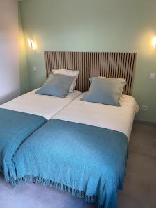 two beds sitting next to each other in a bedroom at Maison Les Cygnes face au lac in Changey +23 photos