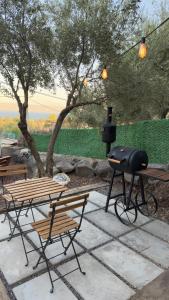 a grill sitting on a picnic table next to two benches at צימרבוס כנרת Galilee Bus in Migdal