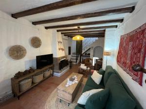 a living room with a green couch and a fireplace at La Casa del Pastor 1890 in Benaocaz