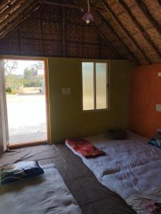 a room with a bed and a large window at Hampi Blue Moon Resort in Munirābād