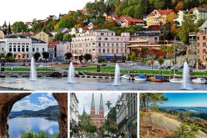 a collage of photos of a city with water fountains at Apartment in central Skien in Skien