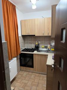 a kitchen with wooden cabinets and a stove top oven at Studio in Drobeta-Turnu Severin