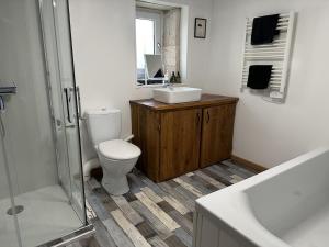 a bathroom with a toilet and a sink and a shower at Esprit Charentais - The Byre in Londigny