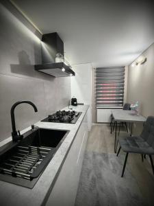 a kitchen with a sink and a stove and a table at Casa in centrul Chisinaului in Chişinău +28 photos