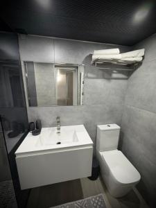a bathroom with a white sink and a toilet at Casa in centrul Chisinaului in Chişinău