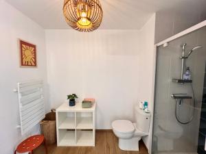 a bathroom with a toilet and a shower and a chandelier at Suite Sunset in Saint Malo
