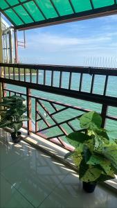two potted plants on a balcony overlooking the ocean at PD Grand SEAVIEW in Port Dickson