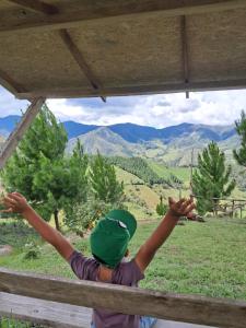 a young boy with his arms in the air looking at the mountains at Cabaña BellaVista in Oxapampa +6 photos