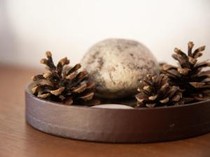 a bowl of pine cones and a rock on a table at Apartment Porthos 37 by Interhome in Verbier +23 photos