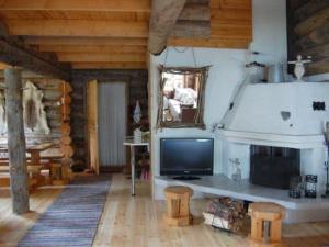 a living room with a tv and a fireplace at Holiday Home Rantapuro by Interhome in Joutsenniemi