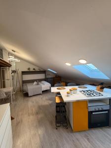 a room with a kitchen with a stove and a bed at Avigliana Einaudi in Avigliana +6 photos