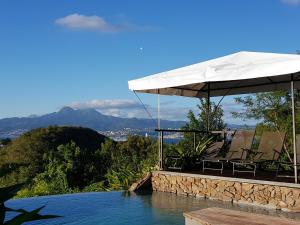 a swimming pool with a white umbrella and water at Villa THEOROM in Chambort