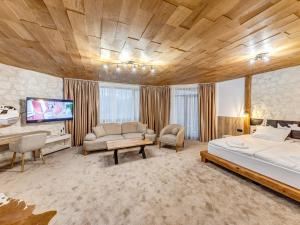 a large room with a bed and a tv at Къща за гости "Mirror Lake" in Smolyan