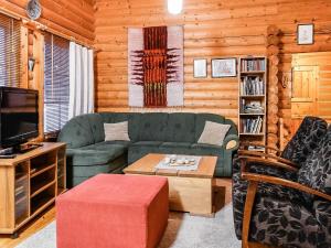 a living room with a green couch and a tv at Holiday Home Villemi by Interhome in Saariselka