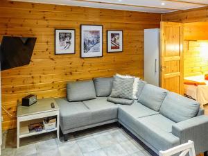 a living room with a couch and a tv at Holiday Home Aslakit a by Interhome in Levi +11 photos