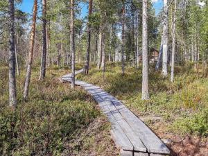 a wooden path through a forest with trees at Holiday Home Hoviranta by Interhome in Veskoniemi