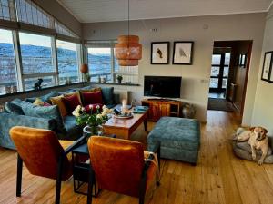 a living room with a couch and a dog at Riverfront romantic Asgardur vacation home of comfort in Selfoss