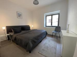 a bedroom with a bed and a desk and a chair at Fewos4seasons in Kurort Oberwiesenthal