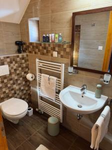 a bathroom with a sink and a toilet at Frida Farm Vendégház in Kétvölgy +10 photos