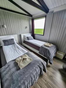 a bedroom with two beds and a window at Aurora Cabin and Private Jacuzzi in Hvolsvöllur