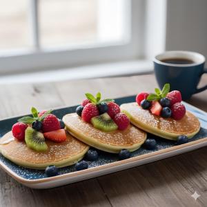 a plate of pancakes with fruit and a cup of coffee at The Brook Lodge in Galway +25 photos