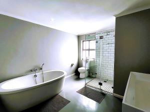 a bathroom with a bath tub and a toilet at Clarke House in Stompneusbaai +51 photos