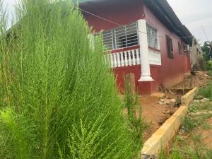 a red house with tall green plants in front of it at Lege Bonoua in Bonoua