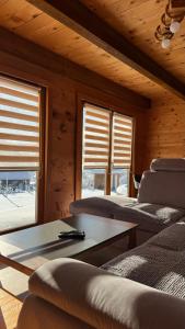 a living room with two couches and a table and two windows at Vikendica Brvnara Marčetić in Banja Luka