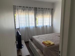 a bedroom with a bed and a tv and a window at Iluminado y céntrico in San Nicolás de los Arroyos