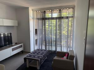 a living room with a couch and a large window at Iluminado y céntrico in San Nicolás de los Arroyos
