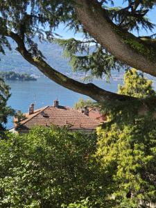 a house with a red roof and the water at Villa Cedro in Verbania