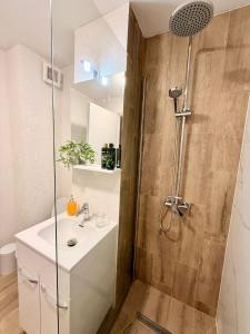 a bathroom with a shower and a sink at ADA Residence Lupeni acces rapid catre Straja Ski Resort in Lupeni +19 photos