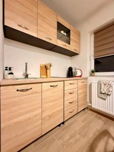 a kitchen with wooden cabinets and a sink at ADA Residence Lupeni acces rapid catre Straja Ski Resort in Lupeni