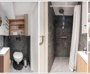 a bathroom with a toilet and a shower at We LOFT in Vilnius +30 photos