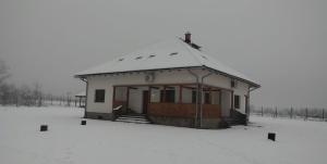 a small house with a snow covered roof in a field at Casa Teodor in Mărgineni