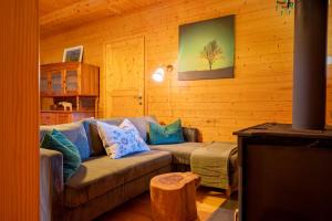 a living room with a couch in a wooden room at Chalet Guapa in Bohinj