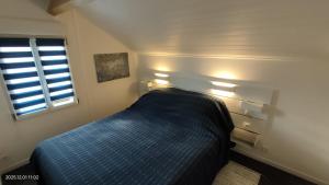 a bedroom with a blue bed in a room with a window at WhiteHouse Lozère in Palaiseau