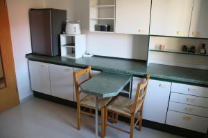a kitchen with a table and two chairs and a refrigerator at Ferienwohnung am Stadtrand in Dresden +2 photos